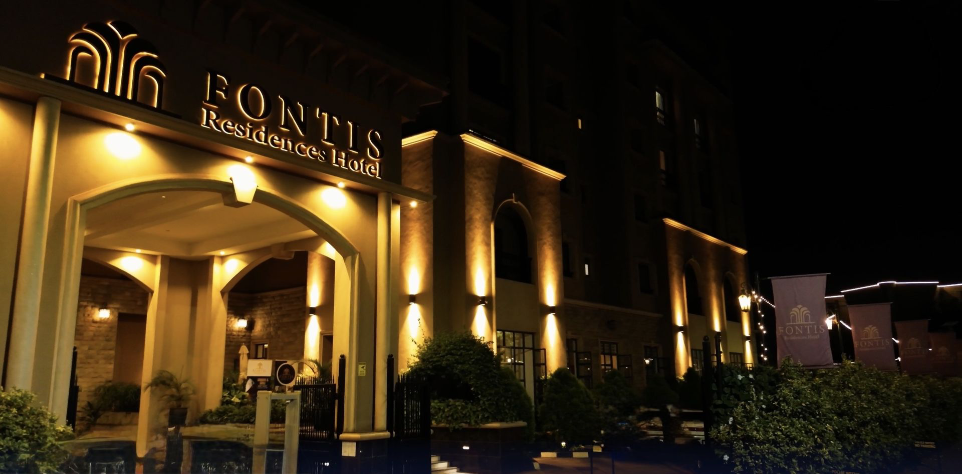 Hotel entrance at night