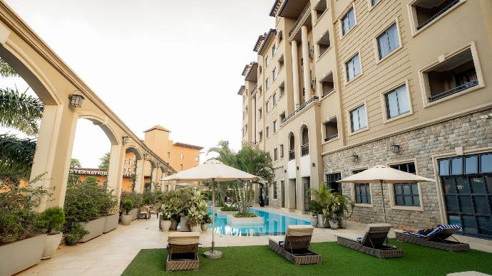 Hotel building with swimming pool